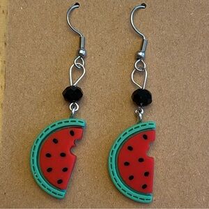 Handcrafted Watermelon Slice Beaded Dangle Earrings